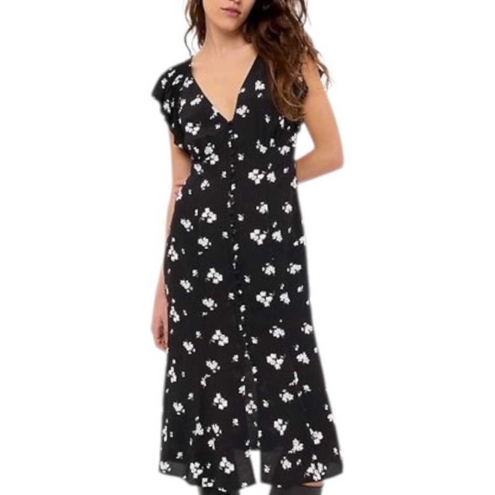 GAP Black Floral V-Neck Button-Front Midi Dress